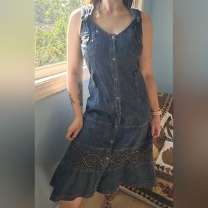 Y2K Lanasport Denim Midi Dress With Embroidery and Brass Detail